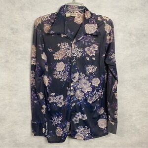 Vintage 70s Montgomery Ward Long Sleeve Button Down Shirt Mens Large Navy Floral